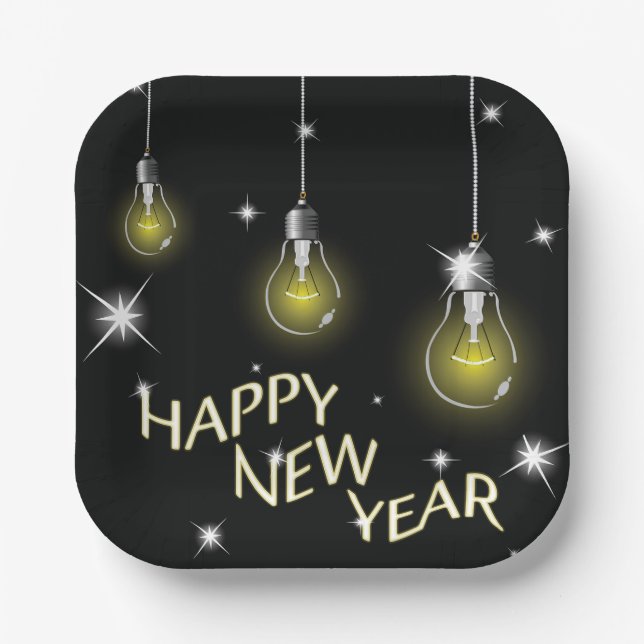 Plato De Papel Bombillas Modernas Feliz Año Nuevo (Anverso)