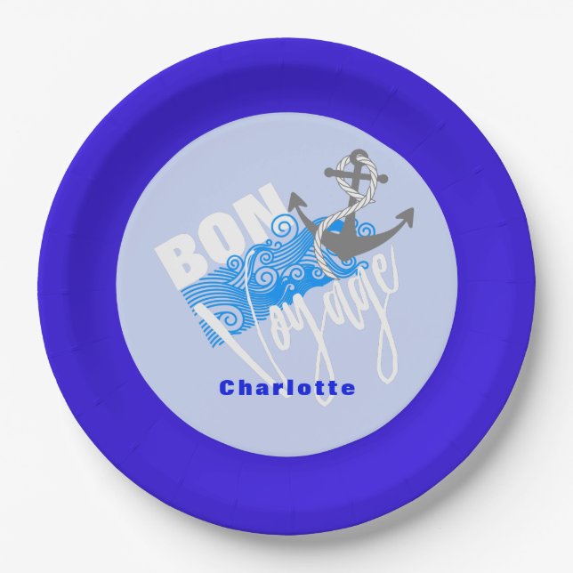 Plato De Papel Bon Voyage Nautical Personalizado (Anverso)