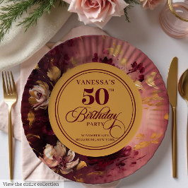 Plato De Papel Bonita Maroon Rubor Gold Floral 50 cumpleaños