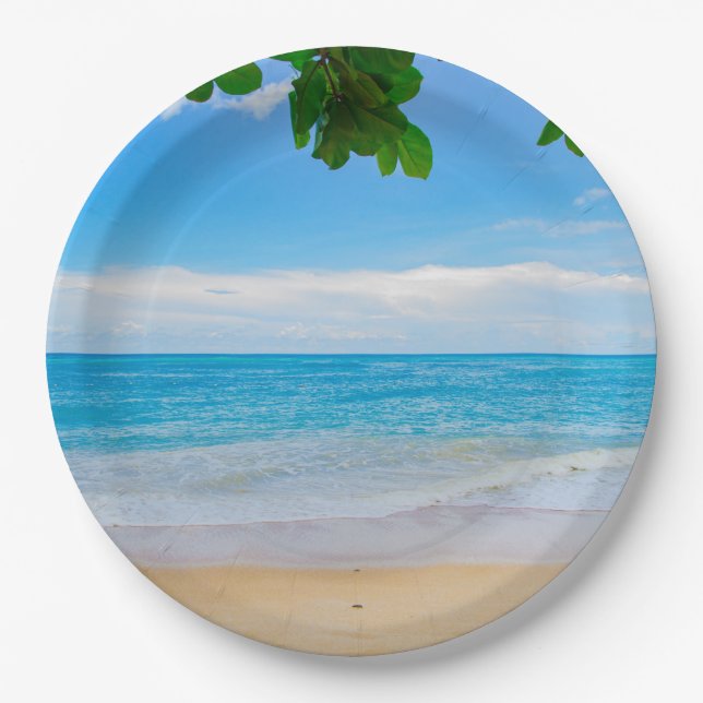 Plato De Papel Bonita playa tropical azul (Anverso)