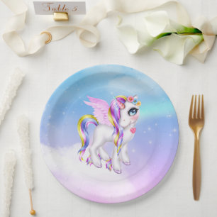 Plato De Papel Bonita unicornio con barro arco iris y cola