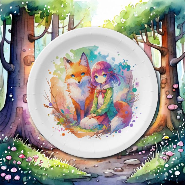 Plato De Papel Bonito acuarela Anime Chica y cumpleaños Fox (Subido por el creador)