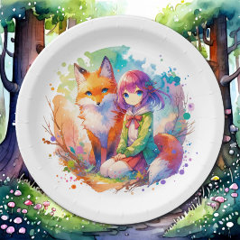 Plato De Papel Bonito acuarela Anime Chica y cumpleaños Fox