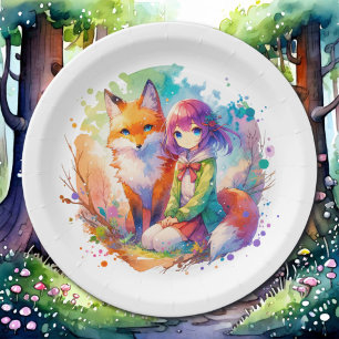 Plato De Papel Bonito acuarela Anime Chica y cumpleaños Fox