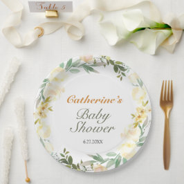 Plato De Papel Bonito amarillo acuarela Floral Baby Shower
