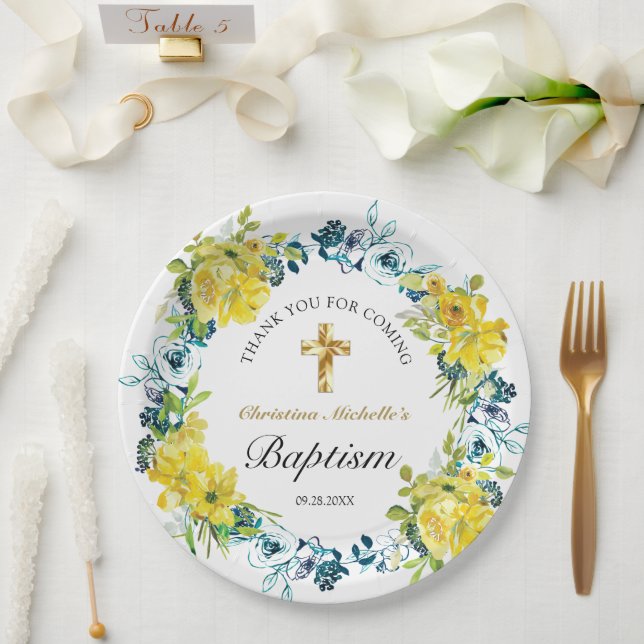 Plato De Papel Bonito Amarillo Floral Oro Cruz Baptismo Recepción (Boda)