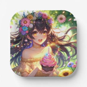 Plato De Papel Bonito Anime Chica con tarta Cumpleaños