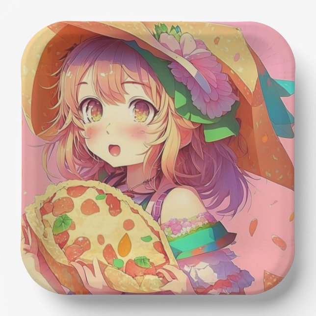 Plato De Papel Bonito Anime Chica llevando una pizza (Anverso)