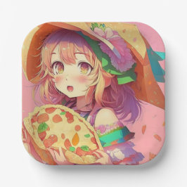 Plato De Papel Bonito Anime Chica llevando una pizza