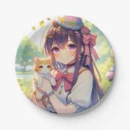Plato De Papel Bonito Anime Holding Cumpleaños del Chica Gatito