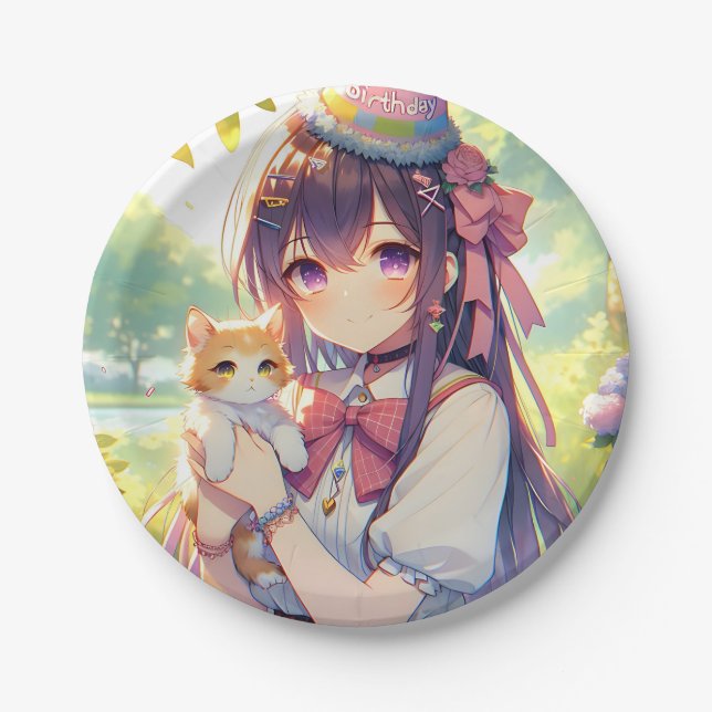 Plato De Papel Bonito Anime Holding Cumpleaños del Chica Gatito (Anverso)