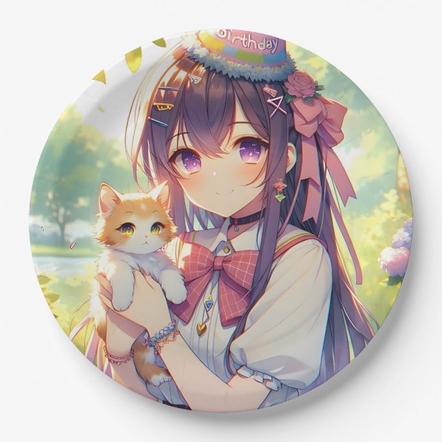 Plato De Papel Bonito Anime Holding Cumpleaños del Chica Gatito (Anverso)