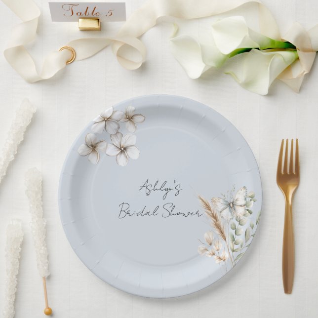 Plato De Papel Bonito Azul Mariposa Blanca Floral Ducha de novia (Boda)