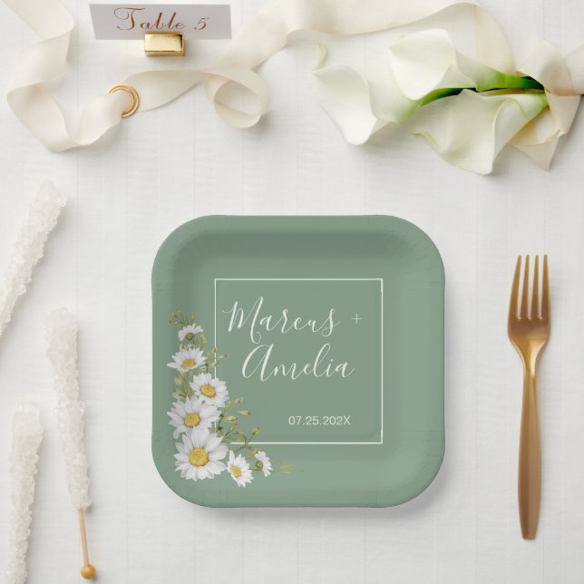 Plato De Papel Bonito Basil Boda de Daisies verdes y blancos (Boda)