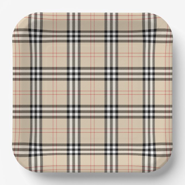 Plato De Papel Bonito Beige Plaid Tartán (Anverso)