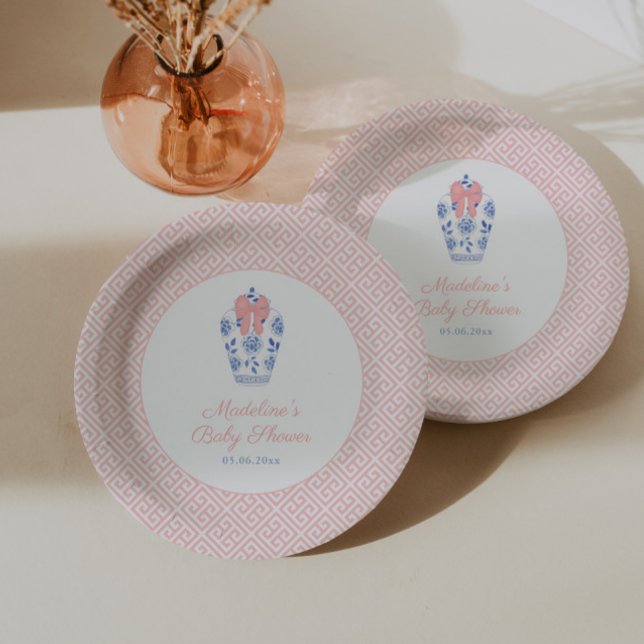 Plato De Papel Bonito Bow Ginger Jar Chica Fiesta Baby Shower (Chinoiserie Chic baby girl shower paper plates featuring watercolor ginger jar with pink bow)
