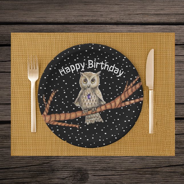 Plato De Papel Bonito Brown Birday Owl Crystal Necklace Black (Brown owl pretty eyes on branch in black night sky white stars crystal necklace paper party plates.)