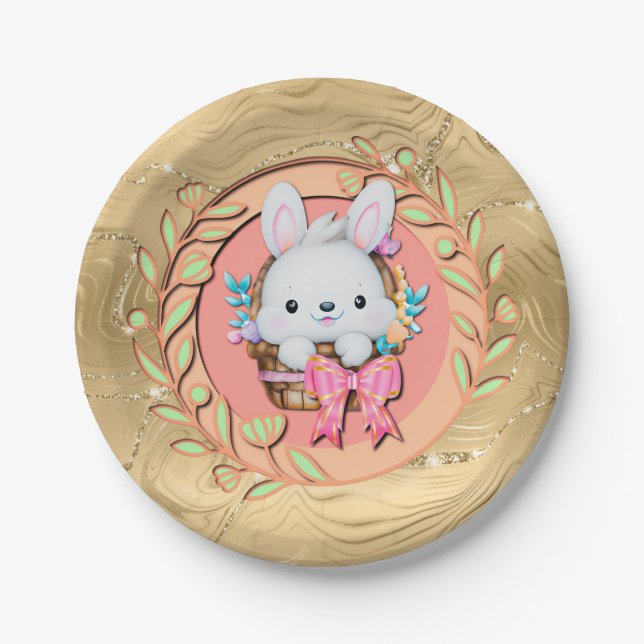 Plato De Papel Bonito conejo de Pascua sentado en la canasta (Anverso)