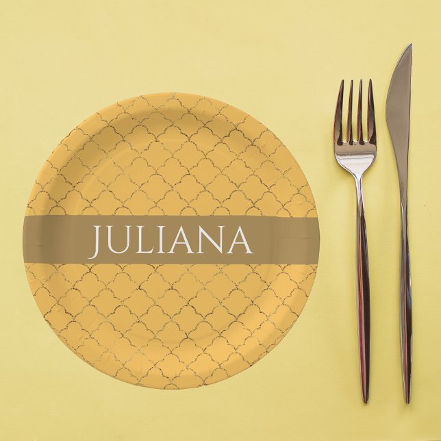 Plato De Papel Bonito Daffodil Gold Quatrefoil Personalizado (Subido por el creador)