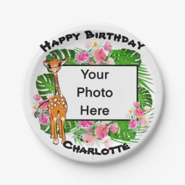 Plato De Papel Bonito de jirafa rosa floral selva tropical