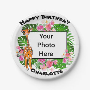 Plato De Papel Bonito de jirafa rosa floral selva tropical