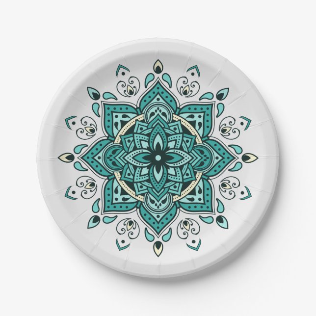 Plato De Papel Bonito diseño de Mandala turquesa (Anverso)