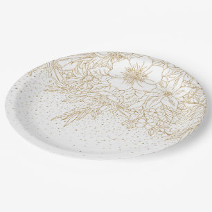 Plato De Papel Bonito Dorado puntos florales