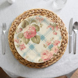 Plato De Papel Bonito Farmhouse Rústicos Rosas Rosa<br><div class="desc">Diseño rústico/rústico muy bonito/estilo casa de campo con rosas rosadas,  follaje verde salado y polvorientas franjas de color azul verde azulado diagonal en el fondo amarillo pastel/abigarrado.</div>