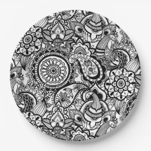 Plato De Papel Bonito floral de paisley negro y blanco