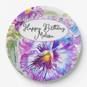 Plato De Papel Bonito Floral Pastel Pansy Chicas Púrpura Cumpleañ