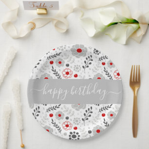 Plato De Papel Bonito Flores modernas rojas y grises Cumpleaños