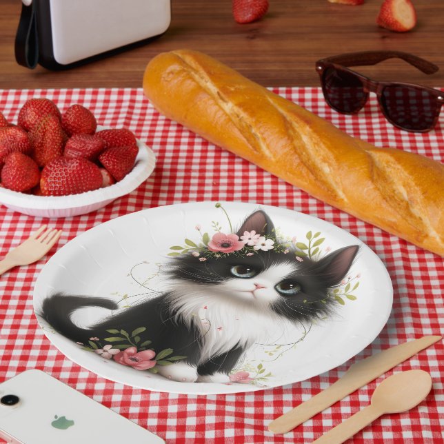 Plato De Papel Bonito gatito de Tuxedo con flores (Picnic)