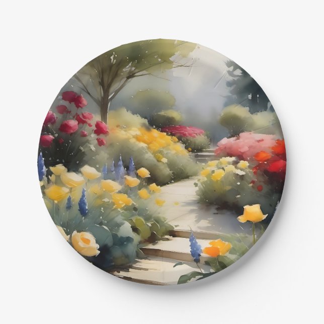 Plato De Papel Bonito Jardín con flores azules rojas amarillas (Anverso)