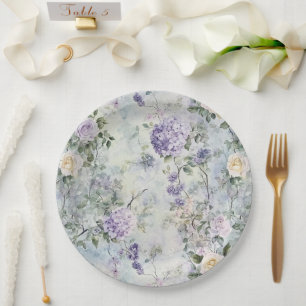 Plato De Papel Bonito Lavanda Morado Boda Floral Rosas Blancas