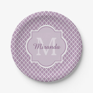 Plato De Papel Bonito Lavanda Purple Quatrefoil Monogramado Nombr