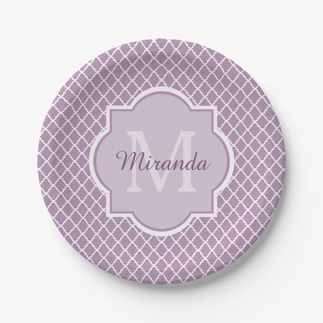 Plato De Papel Bonito Lavanda Purple Quatrefoil Monogramado Nombr (Anverso)