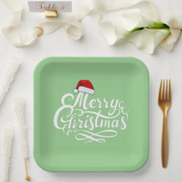 Plato De Papel Bonito letras blancas textura menta verde Santa Na