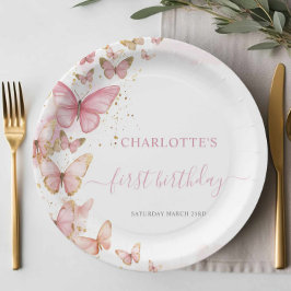 Plato De Papel Bonito Mariposas Rosadas 1235 cumpleaños