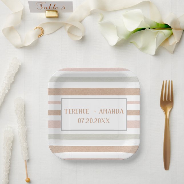 Plato De Papel Bonito Moderna Neutral Stripes Personalizada (Boda)