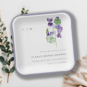 Plato De Papel Bonito Monograma Violet Floral Bunch Bridal Shower