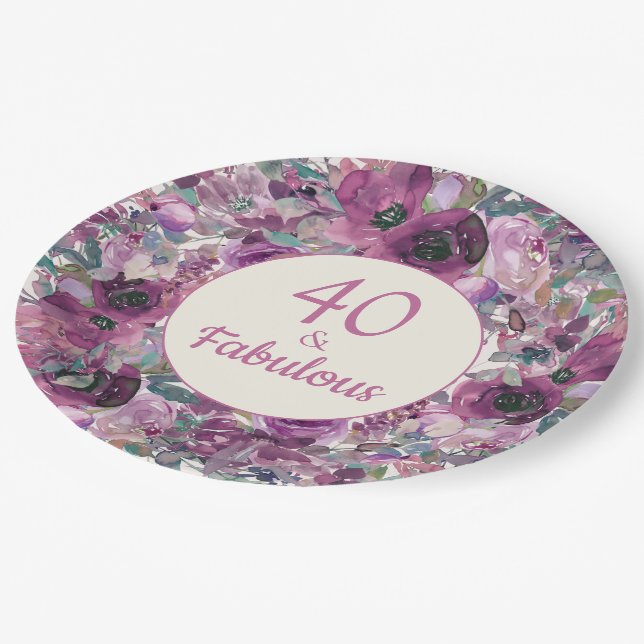 Plato De Papel Bonito Morado Acuarela Floral 40 Fabulous (Angular)
