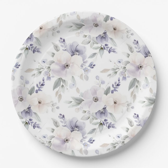 Plato De Papel Bonito Morado Lavanda Flores Bridales Ducha (Anverso)