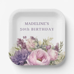 Plato De Papel Bonito Morado Pink Watercolor Floral 50 cumpleaños