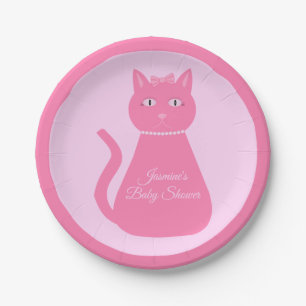 Plato De Papel Bonito Niña Rosa Personalizado Gato Baby Shower