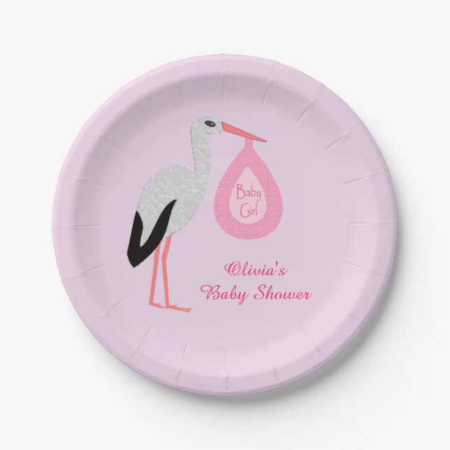 Plato De Papel Bonito Niña Rosa Stork Personalizado Baby Shower (Anverso)