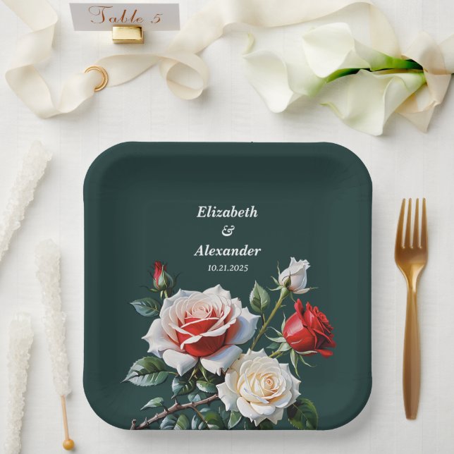 Plato De Papel Bonito oscuro rosa rosa rojo rosa rosas rojas boda (Boda)