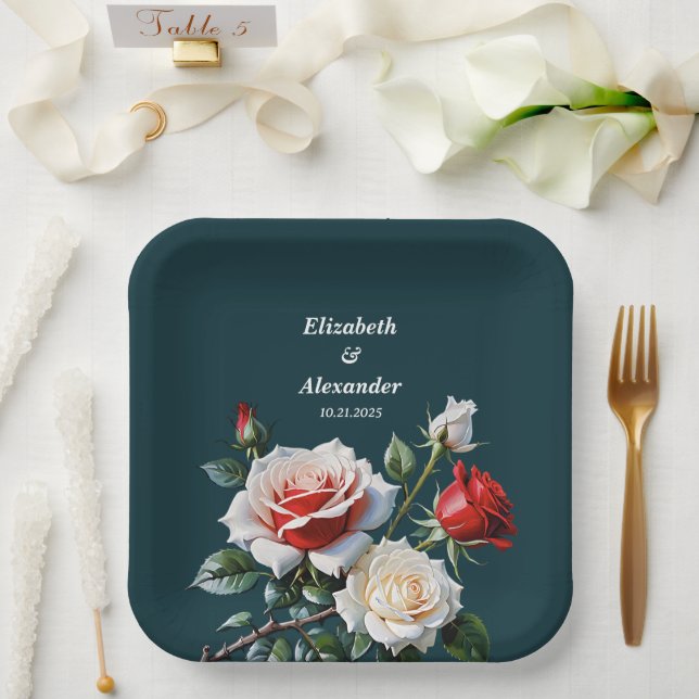 Plato De Papel Bonito oscuro rosa rosa rojo rosa rosas rojas boda (Boda)