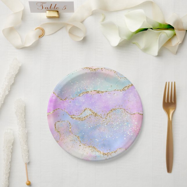 Plato De Papel Bonito Pastel Agate | Vena acuarela Purpurina de o (Boda)