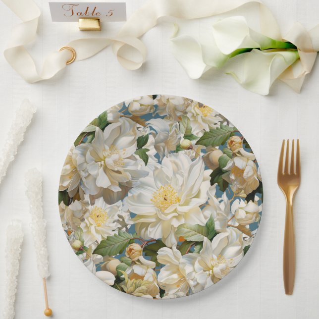 Plato De Papel Bonito patrón de peonía blanca y magnolia (Boda)