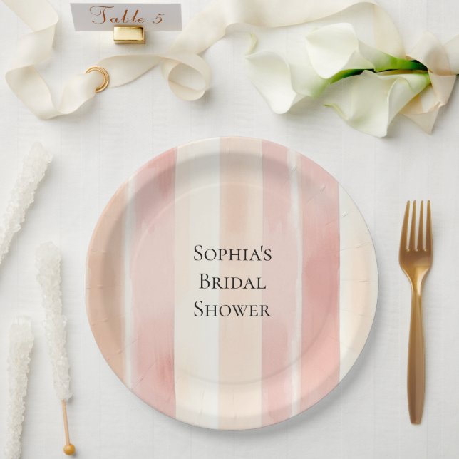 Plato De Papel Bonito Peach Pink Cream Stripes Brillante Shower (Boda)